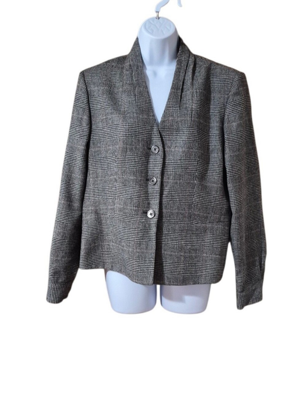 Brooks Brothers Classic Gray Plaid Wool Silk  Button Front Women's Blazer 12 EUC